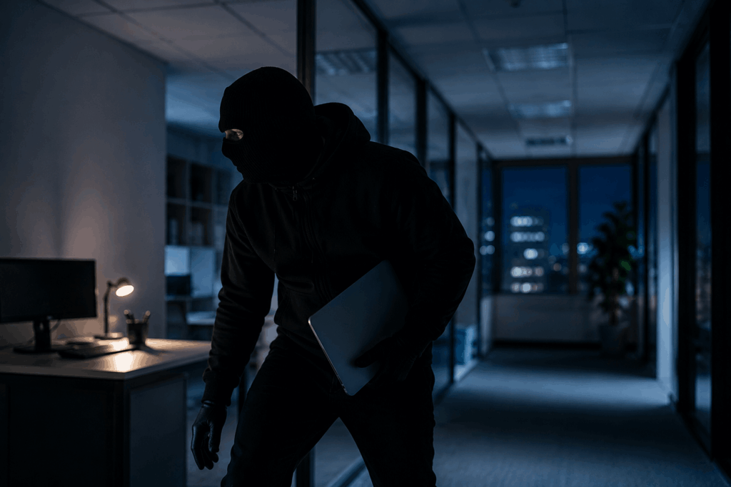 Sicherheitsmitarbeiter vor modernem Bürogebäude bei Nacht