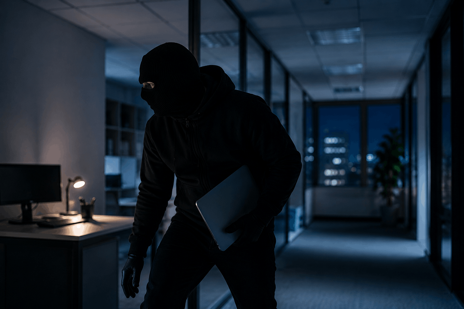 Sicherheitsmitarbeiter vor modernem Bürogebäude bei Nacht