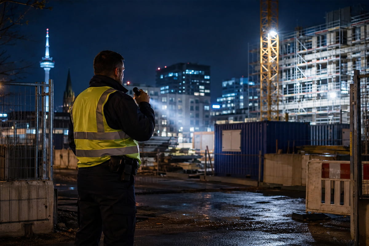 Sicherheitsdienst bewacht eine Baustelle nachts in Dortmund